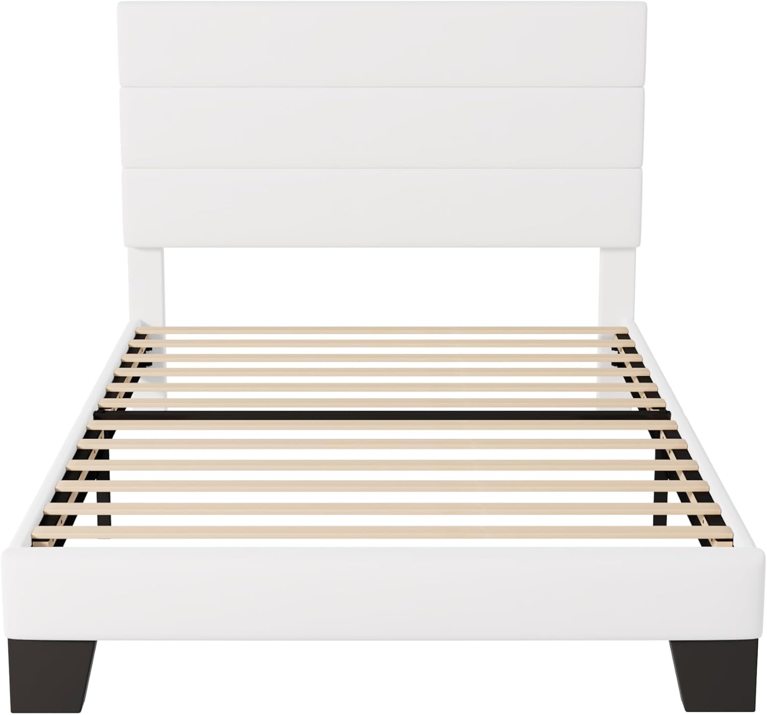 Allewie Twin Size Platform Bed Frame with Velvet Upholstered Headboard and Wooden Slats Support, Fully Upholstered Mattress Foundation/No Box Spring Needed/Easy Assembly, White