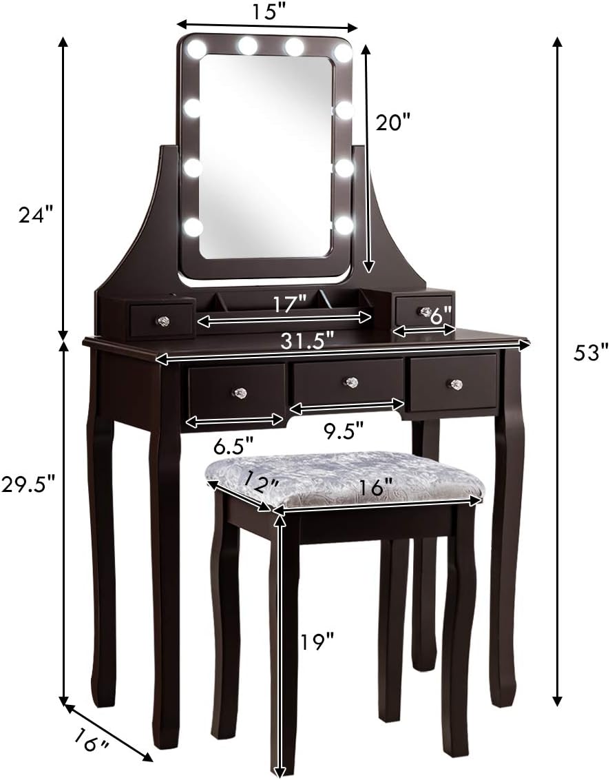 DORTALA Vanity Table Set w/ 360-Degree Rectangular Mirror & Cushioned Stool, Makeup Table w/ 10 LED Dimmable Bulbs, Bedroom Wood Dressing Table w/ 5 Drawers & Removable Box Organizer, Brown