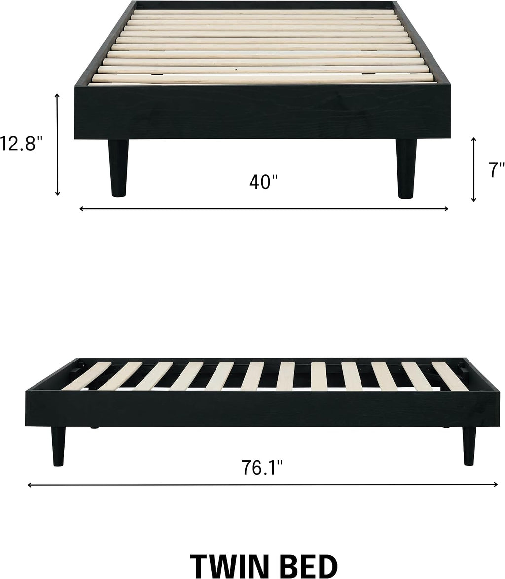 NTC Fly Wooden Bed Frame Without Headboard, Solid Wood Foundation with Silent Slats and Wood Central Supports, 350 Lb Capacity, Effortless Assembly, Twin - Burnt Black