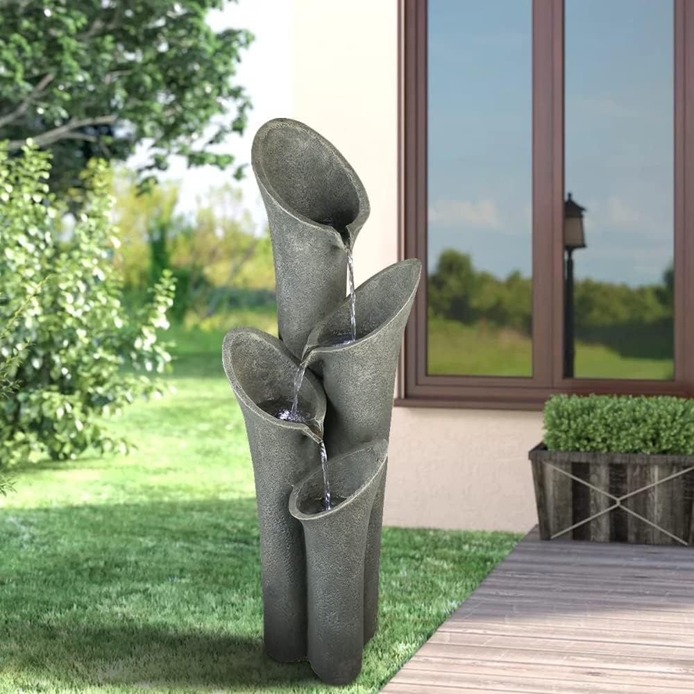Chilscreamni Waterfall Garden Fountain w/LED Lights - 33 1/2' H Curved Cascading Indoor Outdoor Water Fountain with Built-in Quiet Pump&LED Lights, Perfect Garden Water Feature, Patio Fountain