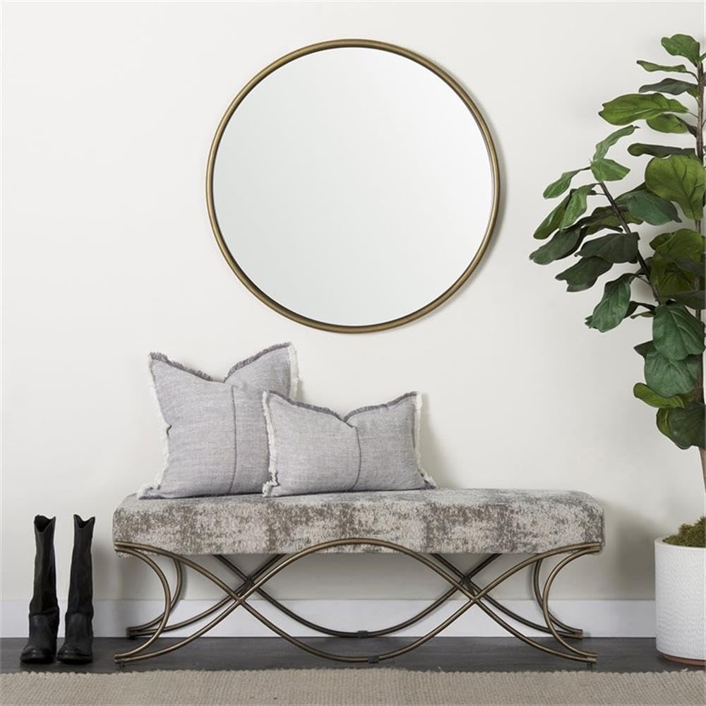 Pemberly Row Vanity Bench, 55 x 17.6 x 18 in, Light and Dark Gray Fabric Seat, Antique Gold Crisscross Metal Frame, Elegant Entryway or Living Room Seating, Versatile Decor Statement Piece
