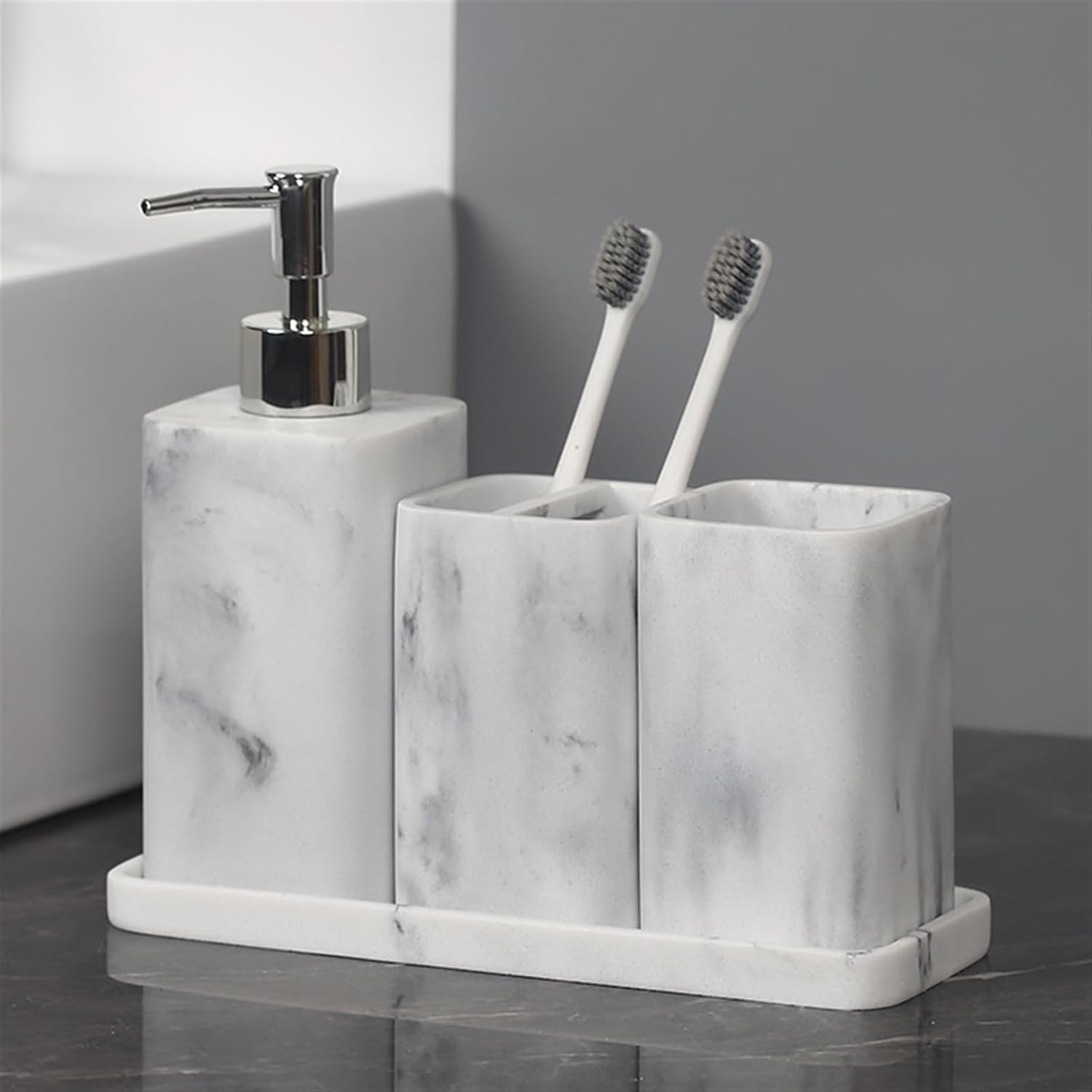 Beautiful Resin Bathroom Accessory Sets, 4 Pieces Accessories Complete Set Vanity Countertop, Includes Lotion Dispenser, Mouthwash Cup, Toothbrush Holder and Tray Bathroom Decor(White,Large)