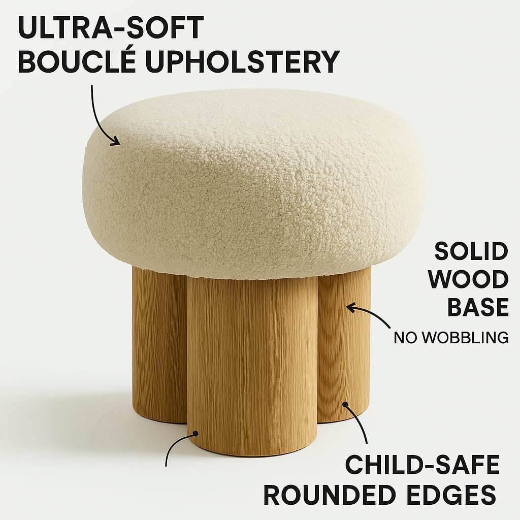 Living Room Ottoman Foot Stool, 17' Round Mid Century Modern Ottoman with Bouclé Teddy Fabric & Solid Wood Legs, Entryway Foot Rest for Couch, Vanity Seat, Bedroom Bench(Wood)