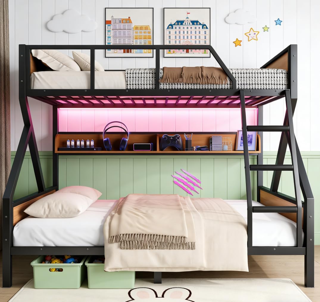 Bellemave Bunk Bed Full XL Over Queen with LED, Heavy Duty Metal Bunk BedFrame with Storage Shelves and Lights, Woodgrain+Black