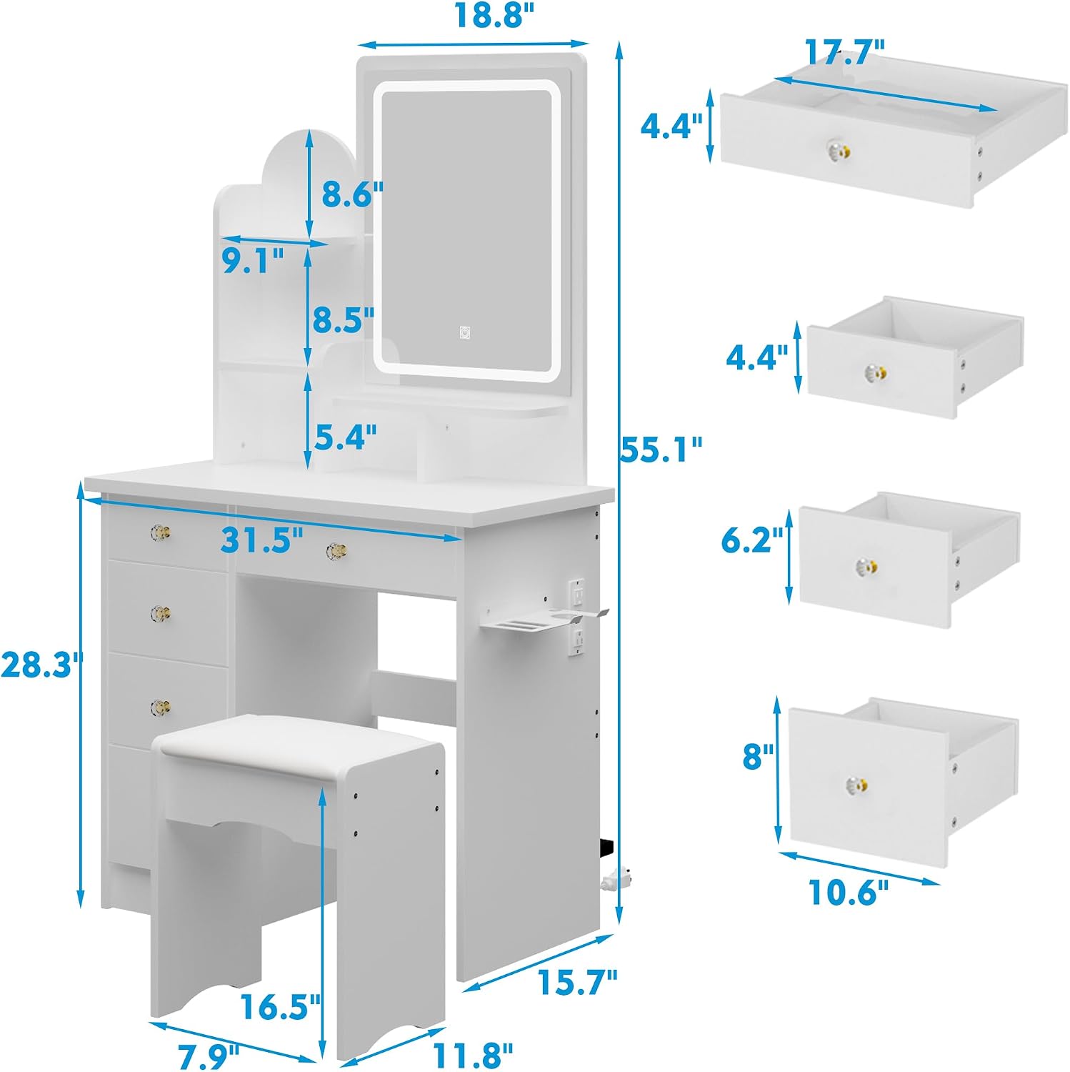 WOODTIME Vanity Set with LED Lighted Mirror, Power Outlet, Vanity Dressing Table with 5 Drawers & Shelves, Makeup Desk with Cushioned Stool for Bedroom, White