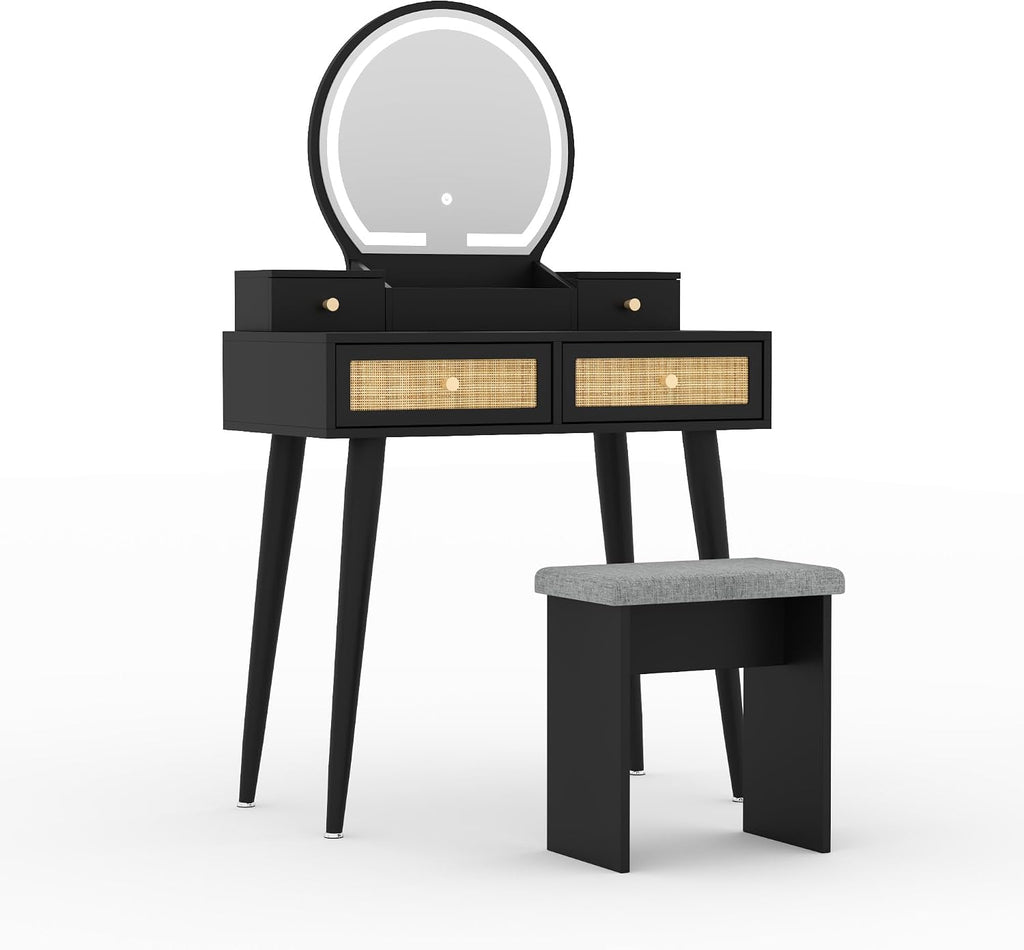 Brafab Small Vanity Desk with Stool for Bedroom, Boho Rattan Compact Makeup Vanity Table with 3 Modes Adjustable LED Mirror, 31' Space Saving Dressing Table Vanity Set, Black