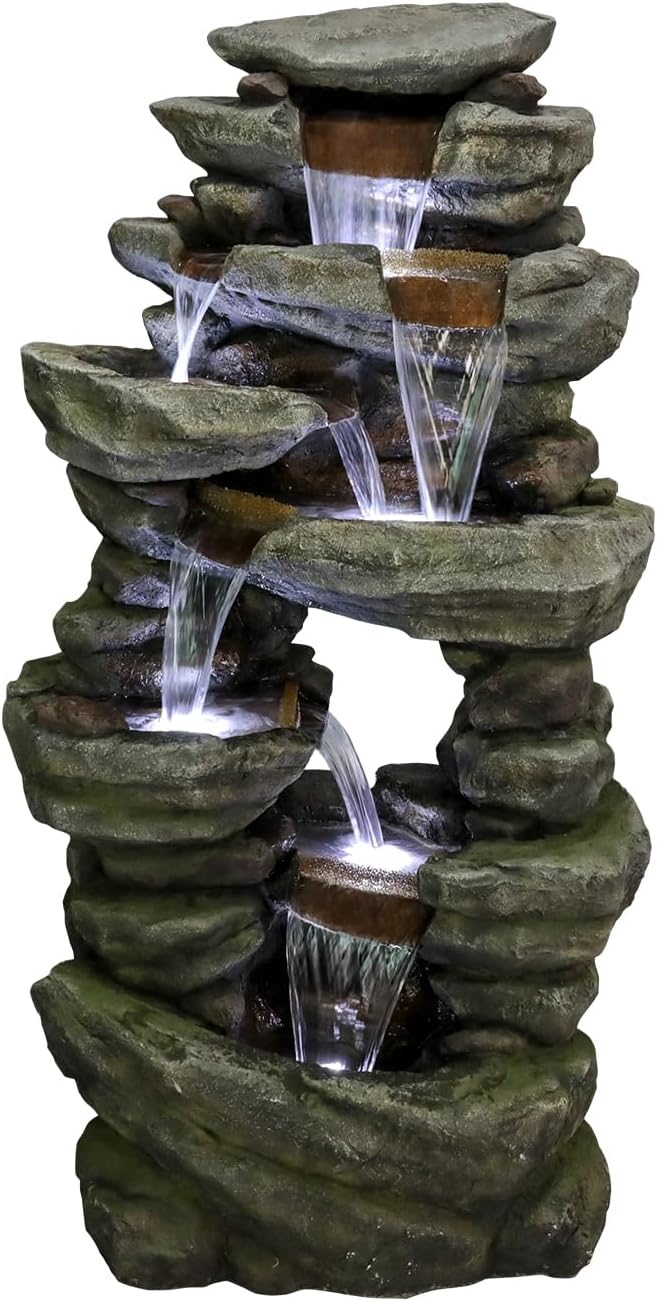 SunJet 60' High 7-Tiers Cascading Rock Outdoor Water Fountain with LED Lights - Large Outdoor Fountains and Waterfalls for Garden or Patio, Yard, and Deck Decor, Featuring Natural Stone Look