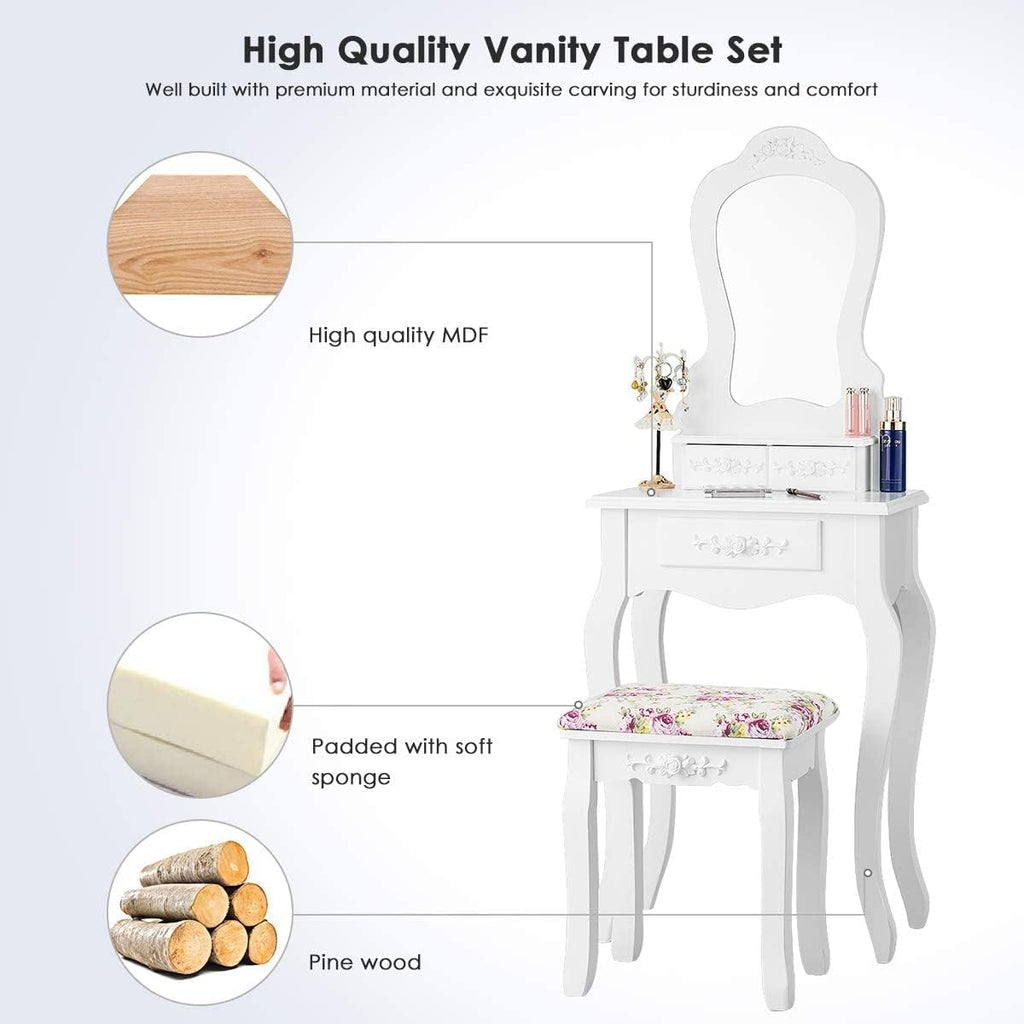 LDAILY Vanity Table Set with Cushioned Stool, Makeup Table with Mirror & 3 Storage Drawers, Multipurpose Writing Desk, Bedroom Bathroom Small Space Dressing Table and Bench for Women, Girl (White)