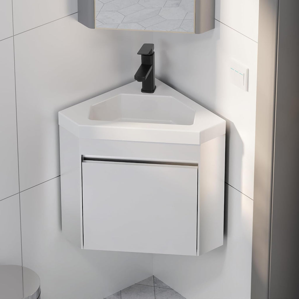 eclife 22' Corner Bathroom Vanity Sink Combo for Small Space Wall Mounted Floating Cabinet with White Resin Sink and Matte Black Faucet, White