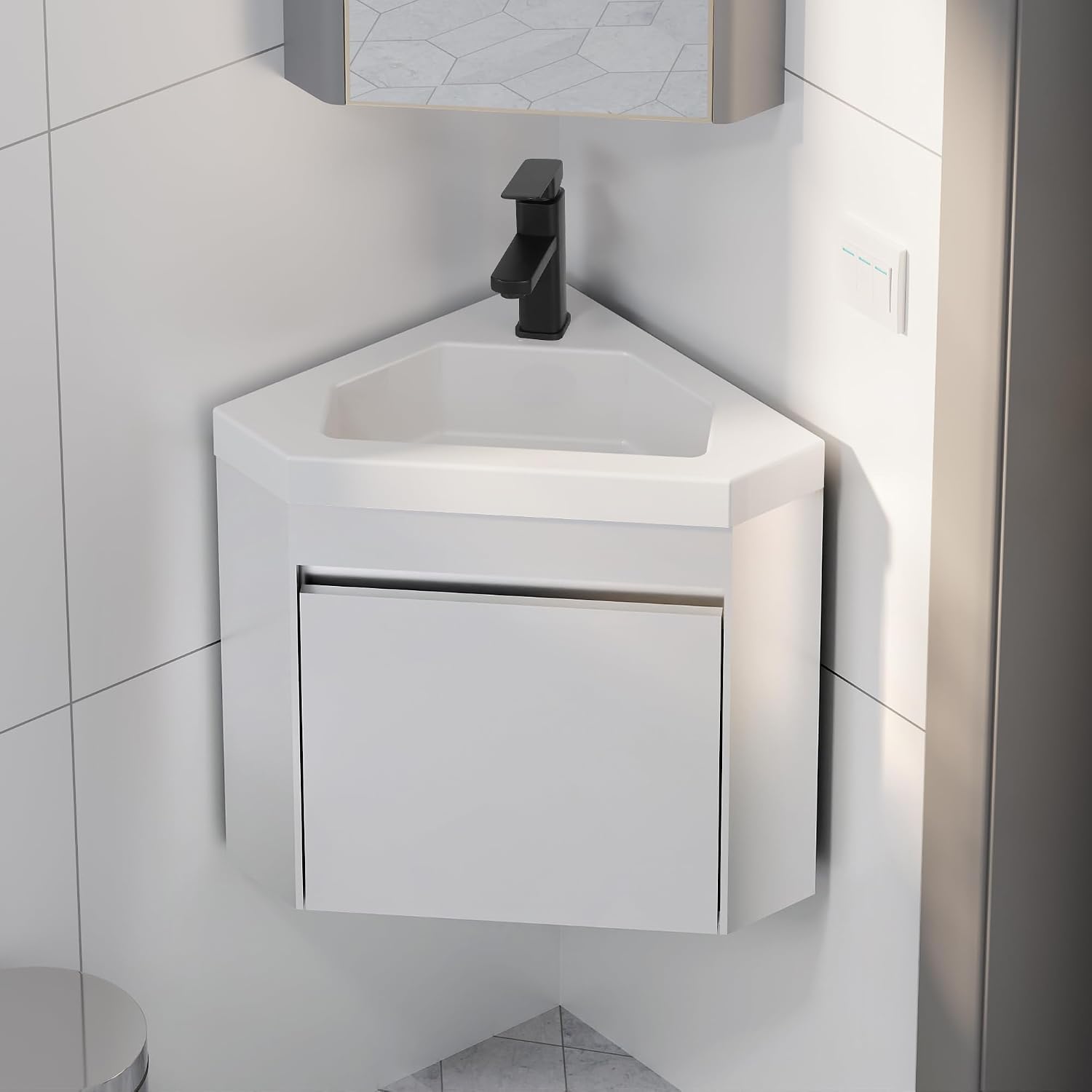 eclife 22' Corner Bathroom Vanity Sink Combo for Small Space Wall Mounted Floating Cabinet with White Resin Sink and Matte Black Faucet, White