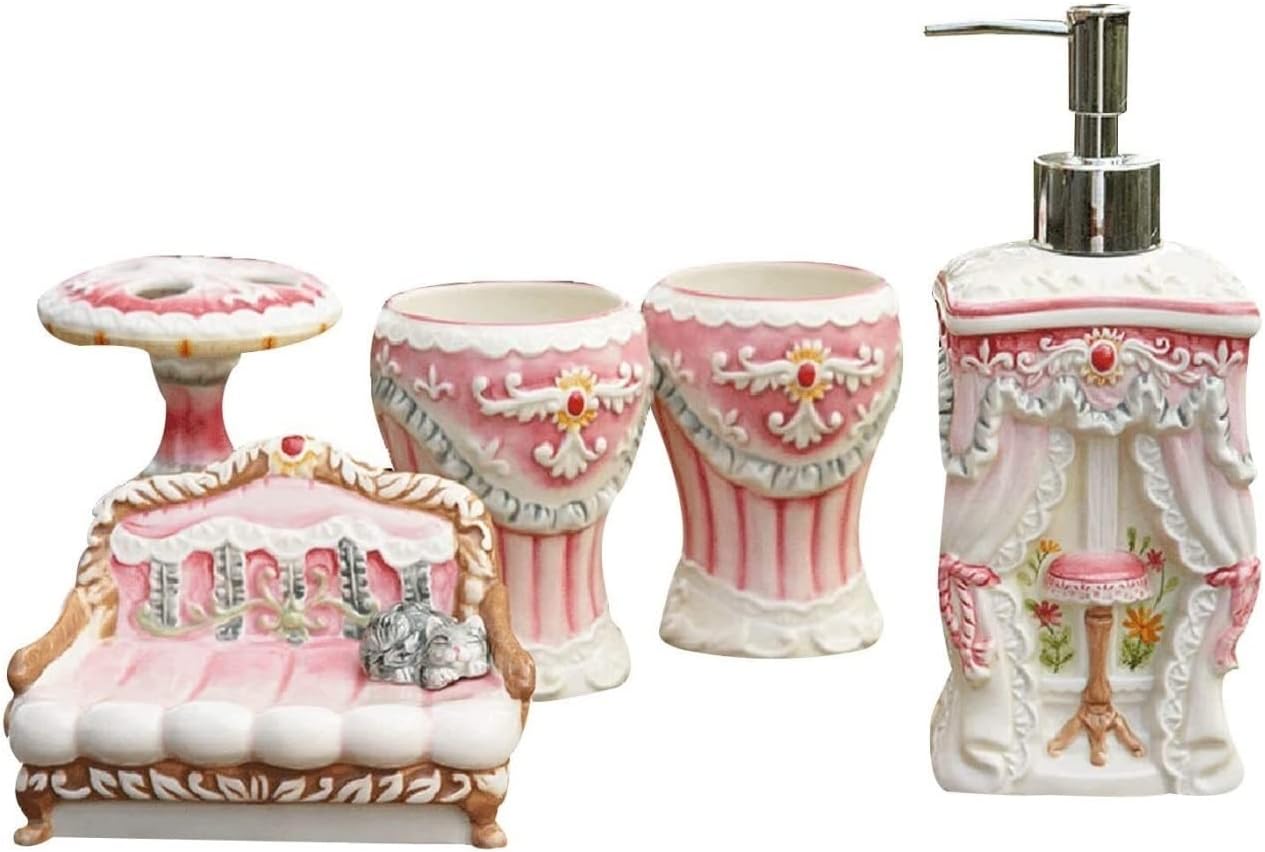 Vanity Bathroom Decor, Bathroom Accessory Set Ceramics 5 Pieces Pink Sweet Style Bathroom Kit for Wedding Housewarming Gift Housewarming Gift