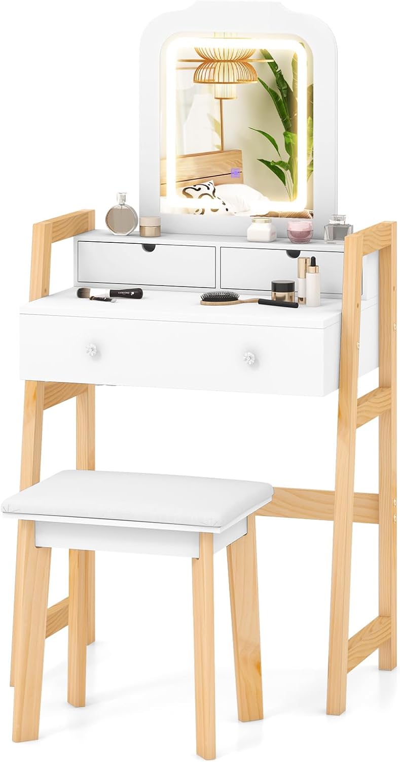 CHARMAID Small Vanity Desk with Mirror and Lights, White Makeup Vanity Desk with 3 Drawers, Adjustable Heights, 3 Color Lighting Modes, Compact Bedroom Dressing Table with Stool for Small Space
