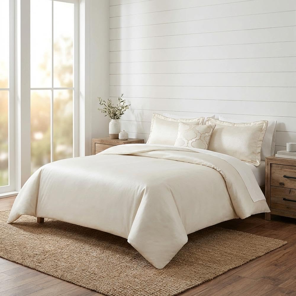 Michael Amini Westlyn Beige 4-Piece King Comforter Set with 100% Polyester Jacquard and Cotton Blend Back, Soft Lightweight Bedding for All-Season Comfort and Stylish Bedroom Decor