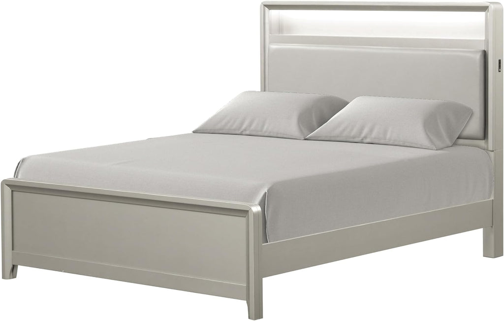 Furniture of America Standin Modern Solid Wood 6-Piece Bedroom Set with LED on Bookcase Headboard, USB-A and USB-C on Both Sides, Brushed Nickel Finish, Box Spring Needed, Full, Champagne