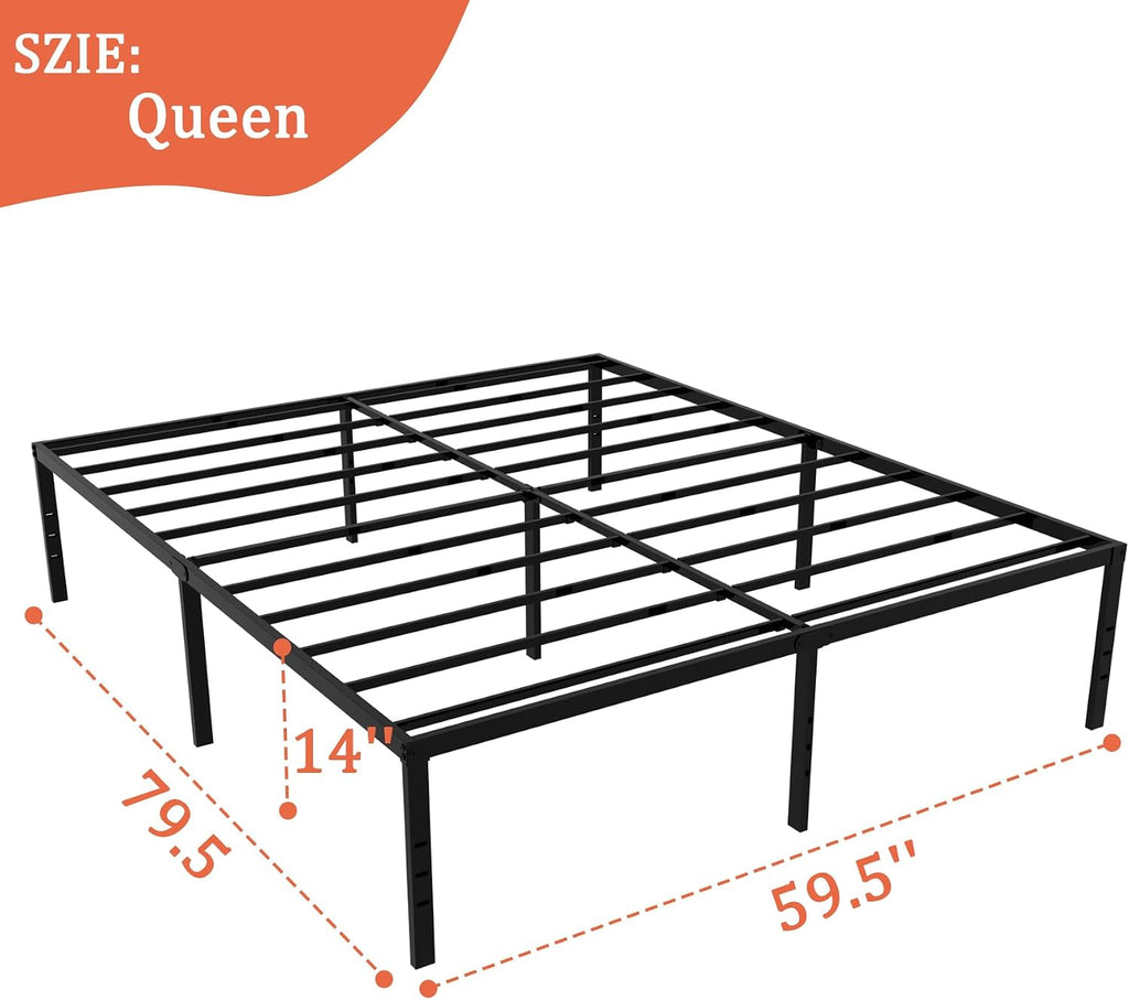 Queen Bed Frame 14 inch High Metal Platform Heavy Duty Bed Frame Queen Size Sturdy Steel Slat Support Foundation No Box Spring Needed, Under Bed Storage, Easy Assembly