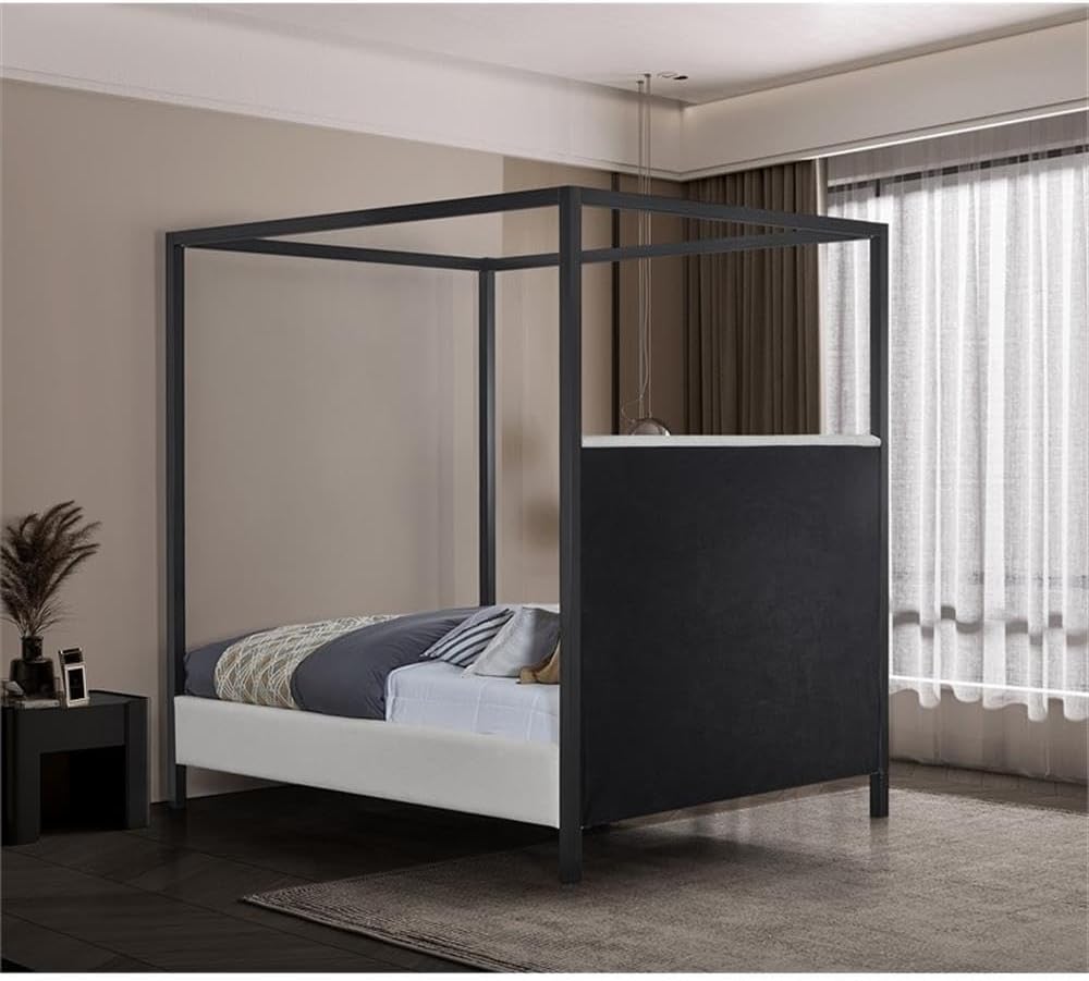 Meridian Furniture JamesBeige-K James Collection Modern | Contemporary King Bed with Cream Linen Textured Fabric, Matte Black Steel Canopy, Full Slats, 81' W x 85' D x 86' H, Cream, King