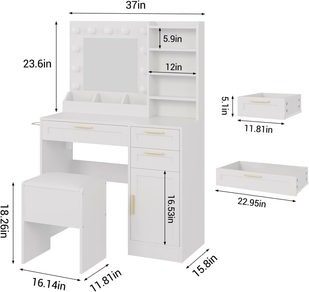 Makeup Vanity with Mirror and Lights, 37' Small Vanity Desk with Power Outlet, 3 Colors & Adjustable Brightness, White Vanity Set with 3 Drawers, Cabinet & Cushioned Chair