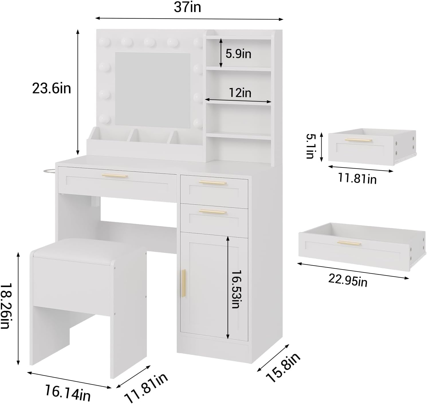 Makeup Vanity with Mirror and Lights, 37' Small Vanity Desk with Power Outlet, 3 Colors & Adjustable Brightness, White Vanity Set with 3 Drawers, Cabinet & Cushioned Chair