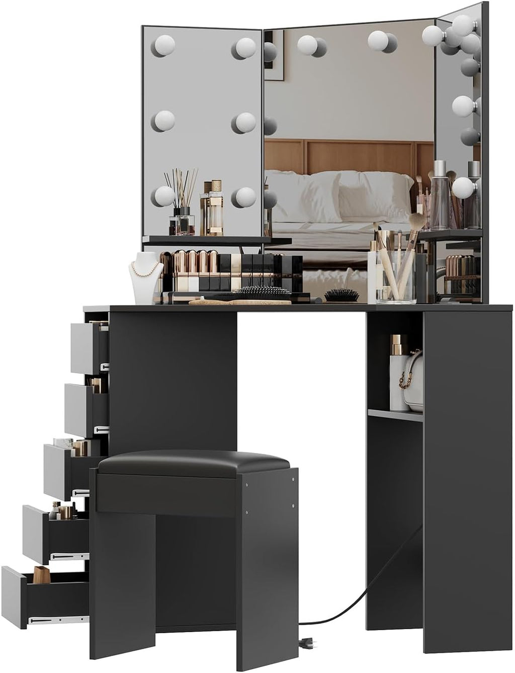 Corner Vanity Desk with Mirror and Led Lights - Makeup Table with 5 Drawers, Shelves, and Vanity Stool - Perfect for Bedroom or Bathroom, Black