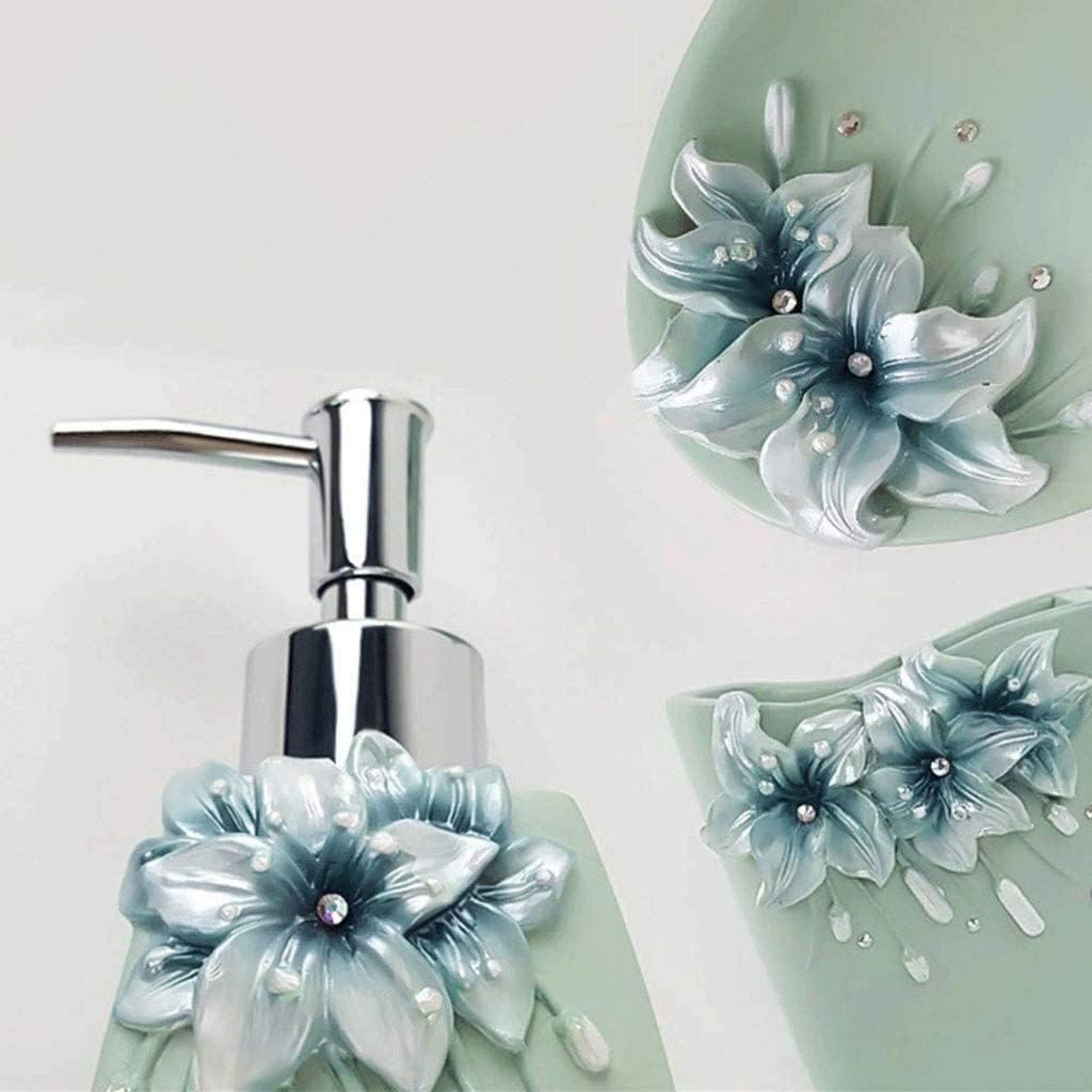 Vanity Bathroom Decor, Bathroom Accessories Set 5 Pieces Bath Ensemble Includes Soap Dispenser Toothbrush Holder Tooth Cup Soap Dish Green Housewarming Gift