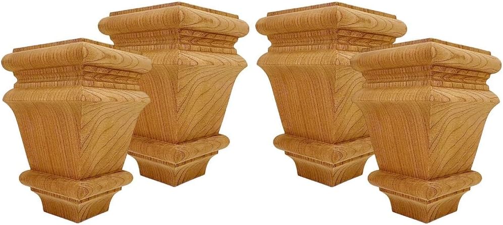 Highland Manor Wood Products Square Baymont Bun Foot - 4 1/2' Tall x 2 7/8' Wide - Unfinished Wooden Furniture Feet for Beds, Sofas, Dressers, and Kitchen Cabinets (Cherry) (Set of 4)