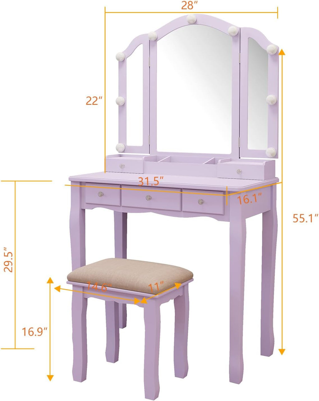 Purple Vanity Desk with Mirror and Lights Purple Vanity for Girls Makeup Vanity Desk with Lights Vanity Table with Lighted Mirror Make Up Vanity Desk with Drawers and Chair Set