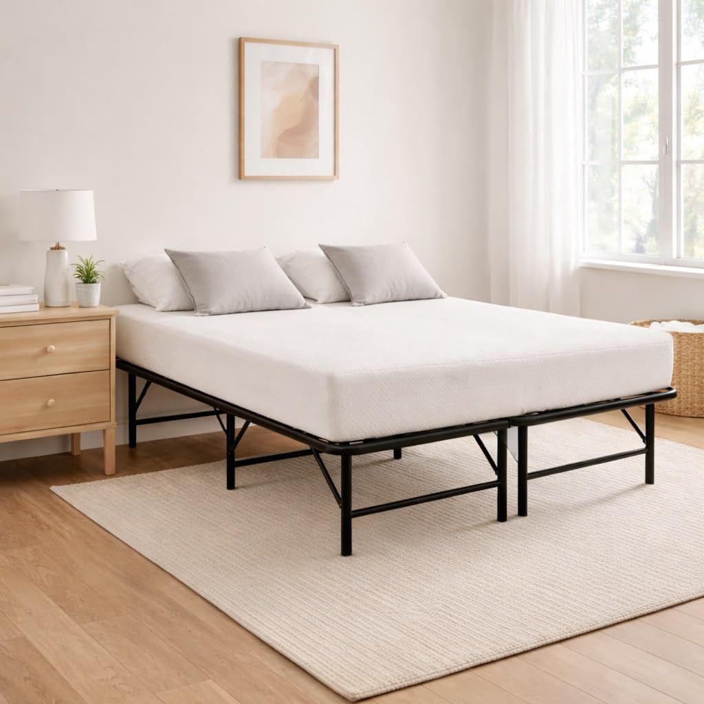 Greaton, 14-Inch Foldable Metal Platform Bed Frame with Tool Free Setup, Sturdy Steel, No Box Spring Needed, Queen, Black
