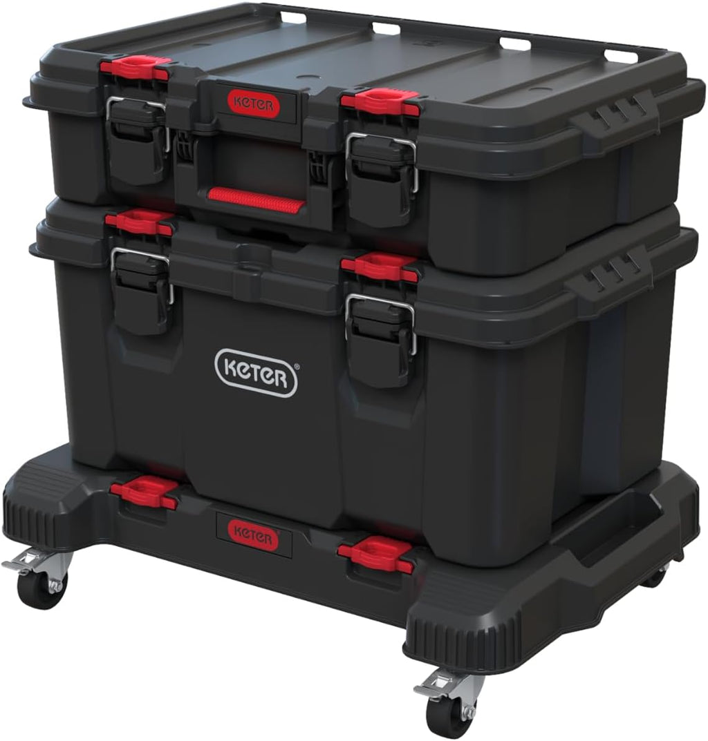 Keter Stack-n-Roll 3-Piece Rolling Tool Storage System – Includes Dolly, Tool Box & Deep Power Tool Case | Modular Mobile Tool Organizer | Stackable Design for Garage, Jobsite & Workshop