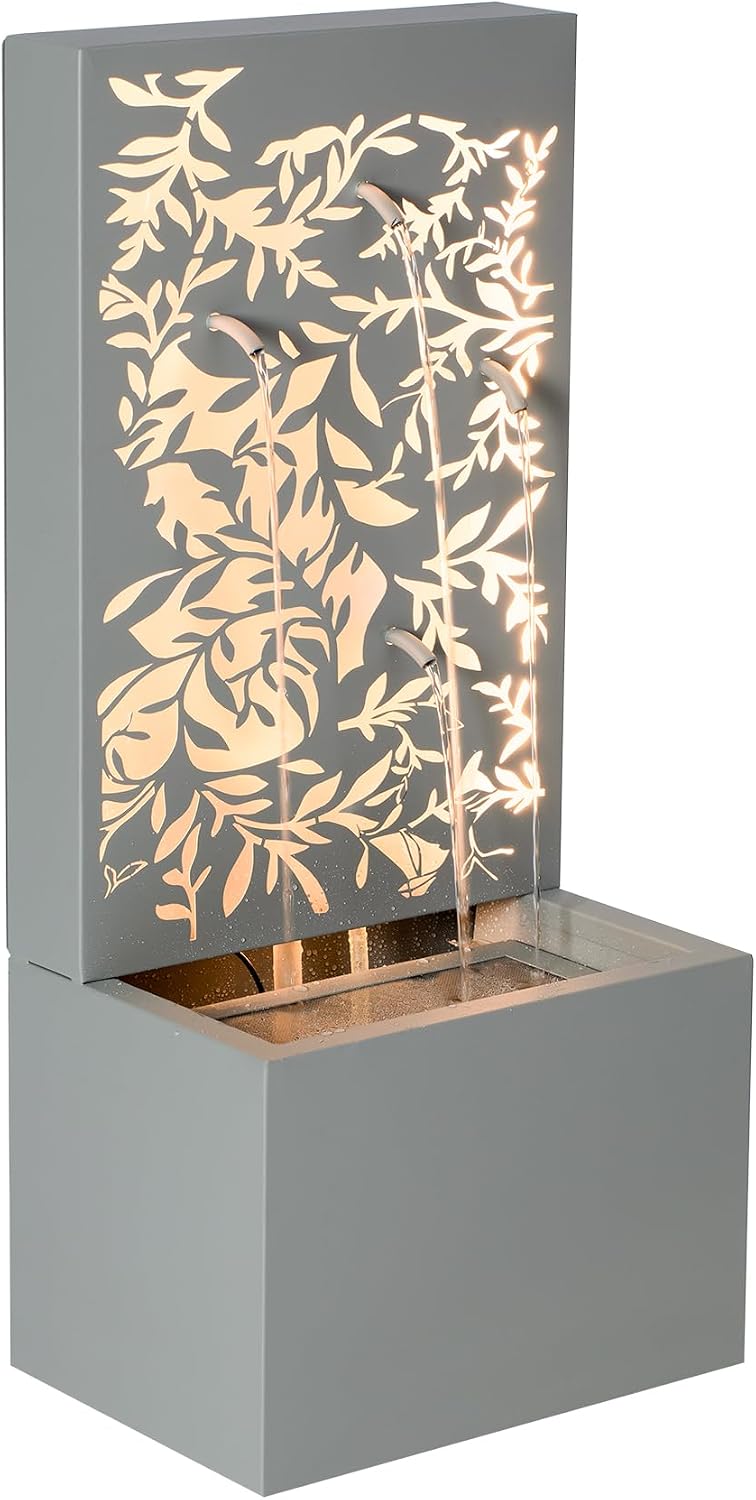 Merax 30.71' H Light Gray Metal Leaf Cutout Outdoor Water Wall Fountain with LED Lights, Modern Waterfall Feature for Patio Garden Backyard Decor