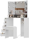 Corner Vanity Desk with Mirror and Led Lights - Makeup Table with 5 Drawers, Shelves, and Vanity Stool - Perfect for Bedroom or Bathroom, White