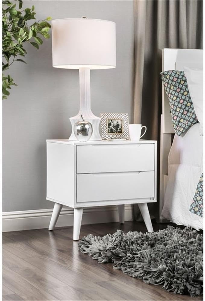 Allora 2pc Mid-Century Bedroom Set, Solid Wood & Veneer, White Finish, King Bed with Panel Headboard & Tapered Legs, Nightstand with 2 Drawers, Modern Minimalist Design for Bedroom Decor