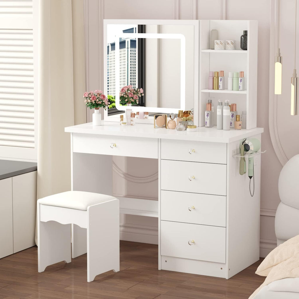 Homsee Vanity Desk Set Makeup Table with Large Sliding Lighted Mirror, Power Strip & Hair Dryer Holder, Modern Dressing Table with Drawers, Storage Shelves & Stool for Bedroom, White