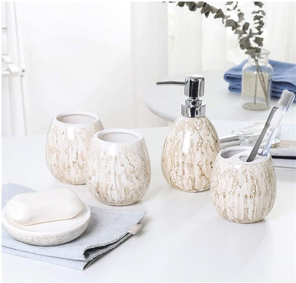 Vanity Bathroom Decor, Bathroom Accessories Set Ceramic Bath Ensemble Collection Features Liquid Soap Dispenser Toothbrush Holder Housewarming Gift(B,5 Pieces+Tray)