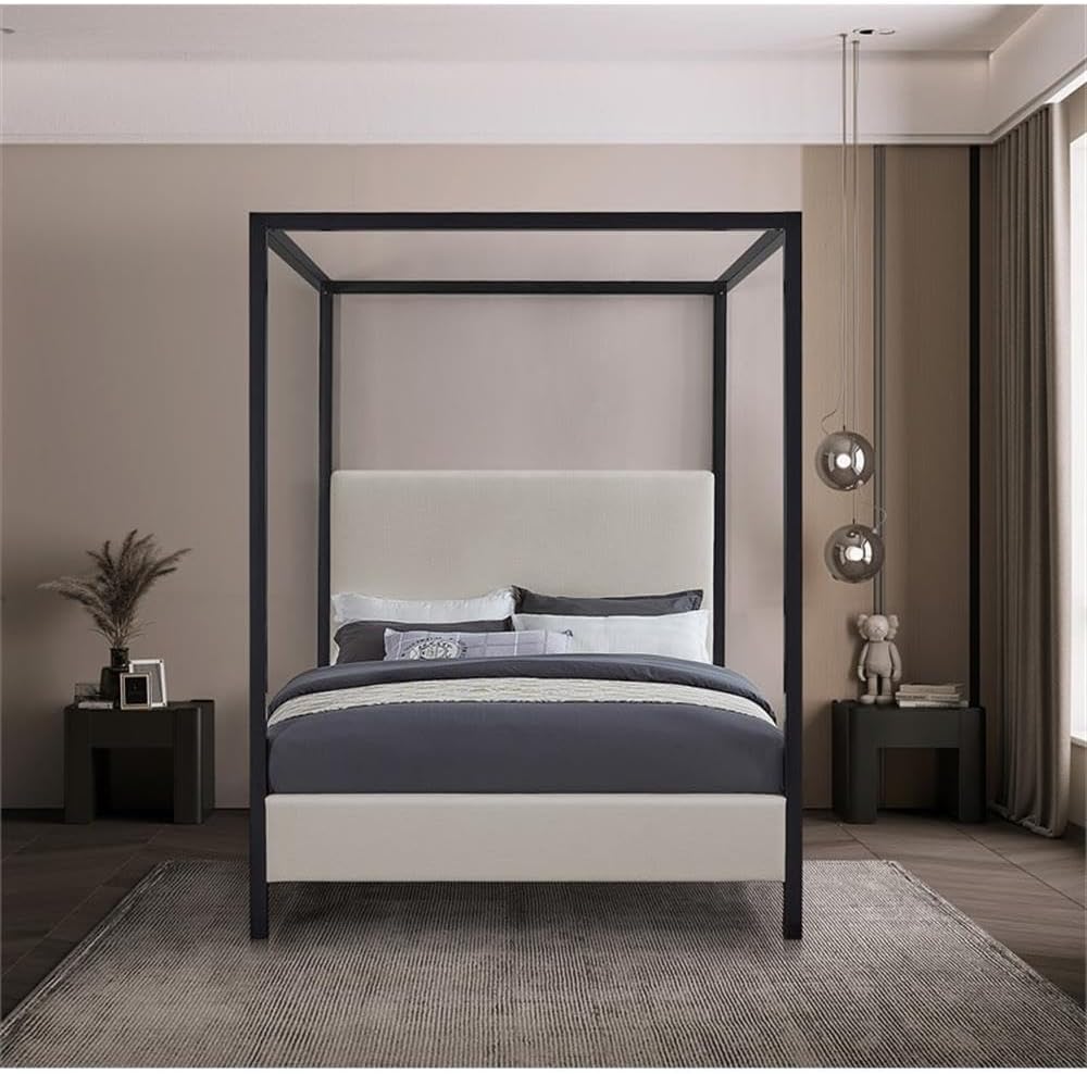 Meridian Furniture JamesGrey-K James Collection Modern | Contemporary King Bed with Beige Linen Textured Fabric, Matte Black Steel Canopy, Full Slats, 81' W x 85' D x 86' H, Beige, King