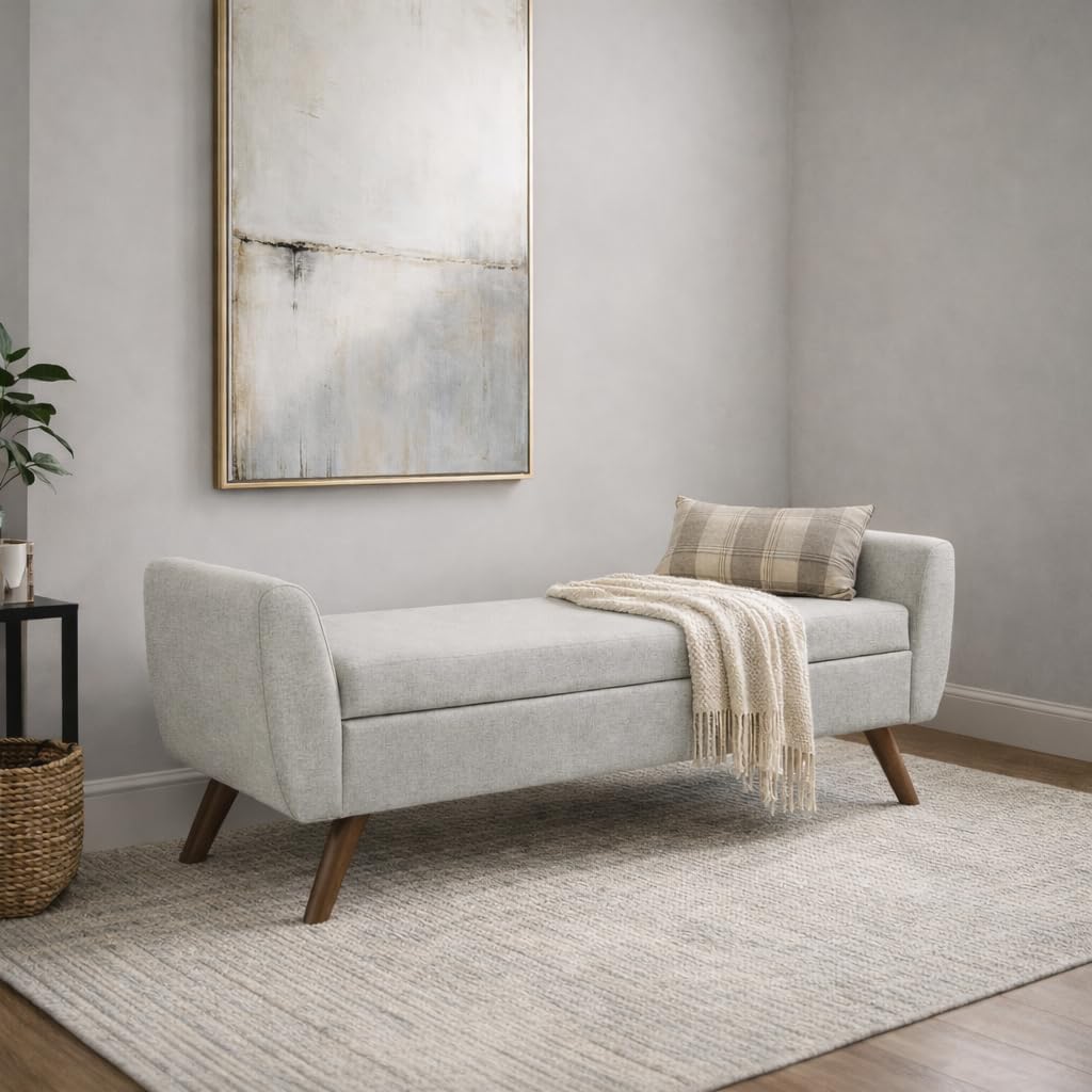HomePop Modern Storage Bench with Wood Legs |Homepop Home Décor|Bench with Storage for Living Room & Bedroom - Light Gray Woven
