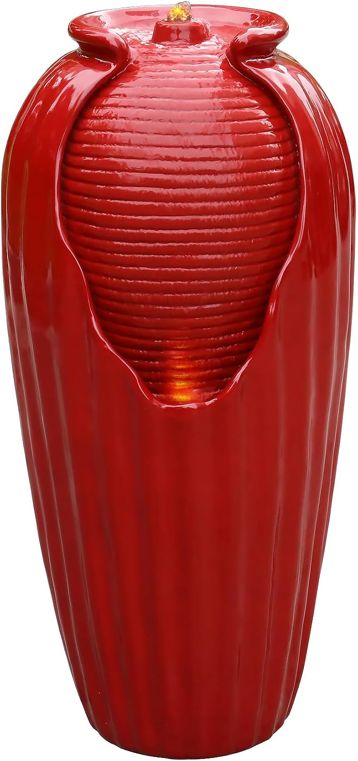 Teamson Home Glazed Vase Floor Freestanding Water Fountain with LED Lights and Pump for Outdoor Patio Backyard Deck Plant Garden Décor, 32 Inch Height, Red