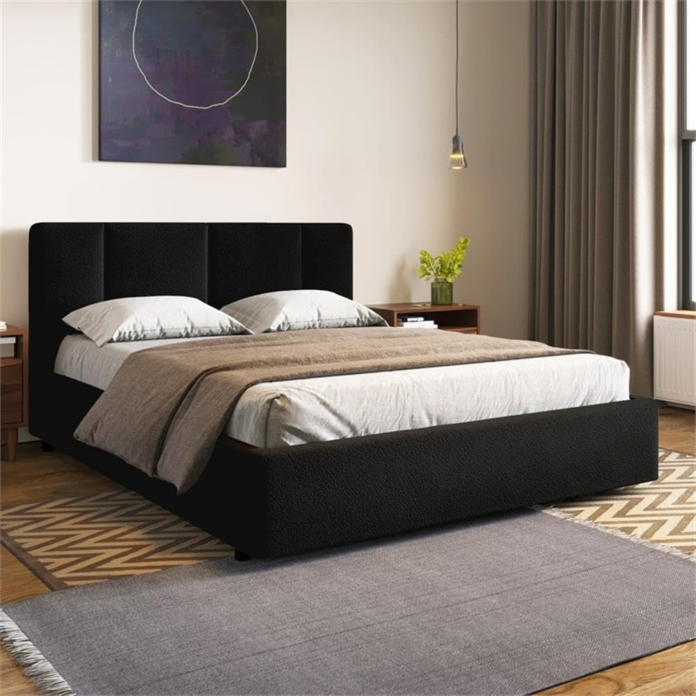 Venice Upholstered Platform Bed | Box Spring Not Required | (Black Boucle, Queen Bed Frame)