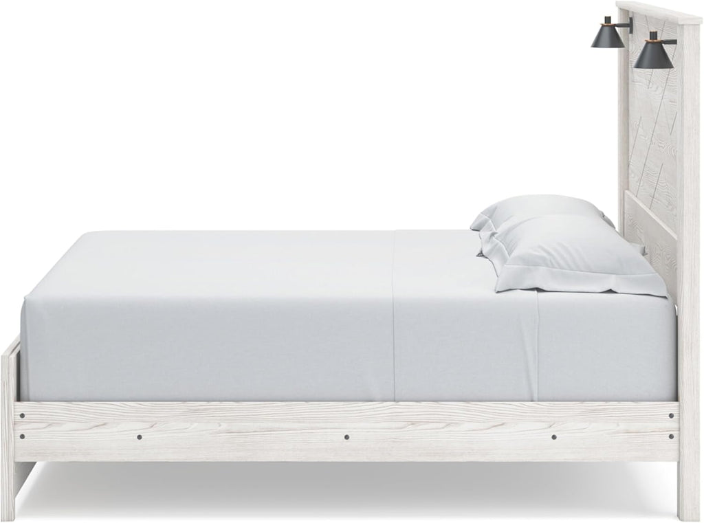 Signature Design by Ashley Gerridan Casual King Panel Bed with Sconce Lights and Metal Slats, Foundation or Box Spring Needed, White