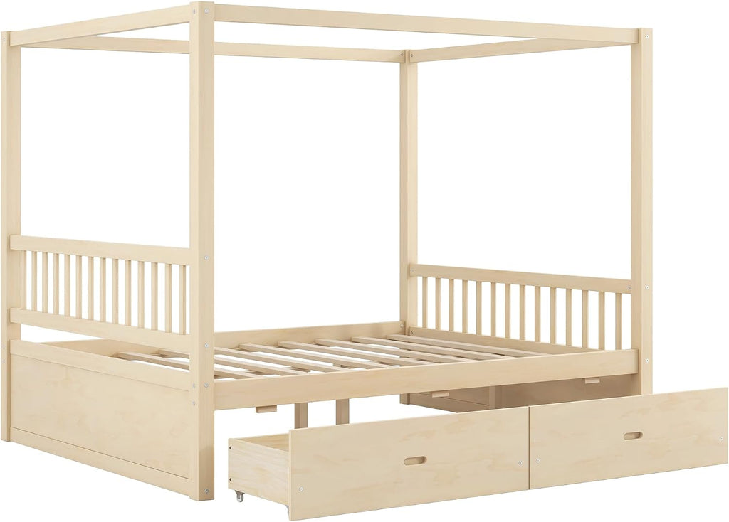 Merax Queen Size Canopy Bed with Storage, Solid Wood Four Posters Bed Frame with Drawers, No Box Spring Needed, Natural