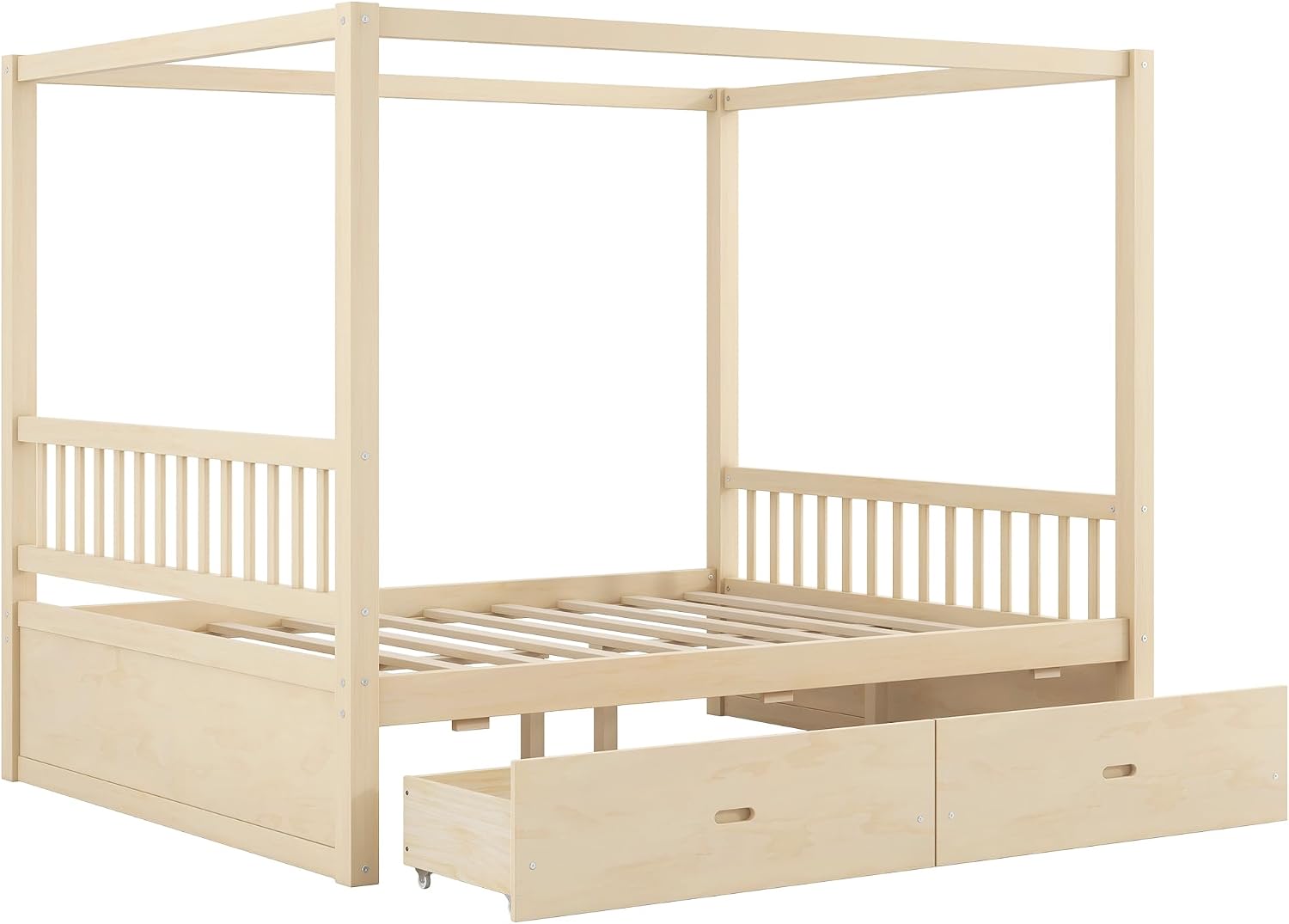 Merax Queen Size Canopy Bed with Storage, Solid Wood Four Posters Bed Frame with Drawers, No Box Spring Needed, Natural
