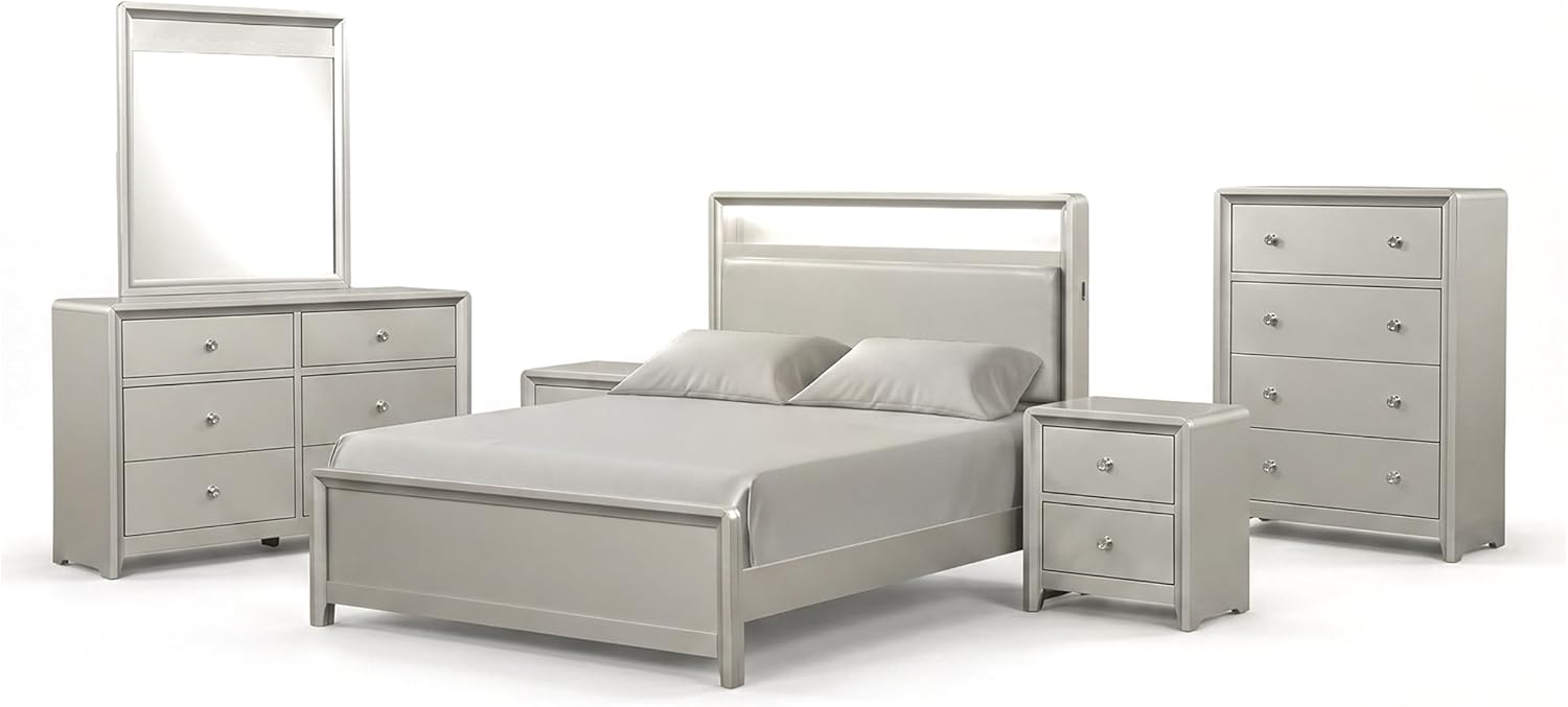 Furniture of America Standin Modern Wood 6-Piece Bedroom Set with LED on Bookcase Headboard, USB-A and USB-C on Both Sides, Brushed Nickel Finish, Box Spring Needed, Queen, Champagne