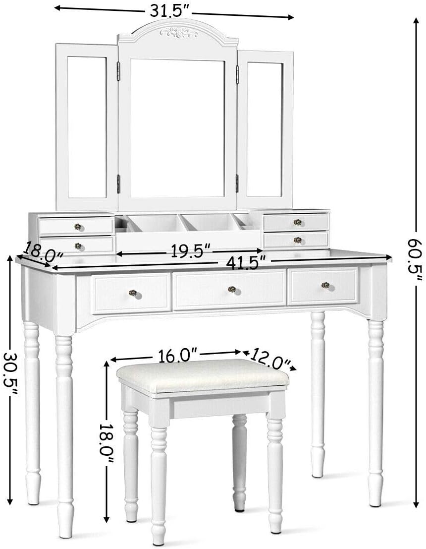 DORTALA Makeup Vanity Table Set w/ 7 Drawers, Removable Tri-Folding Mirror w/ 8 Jewelry Necklace Hooks, Dressing Table w/Open Storage Box & Cushioned Stool, Solid Wood Legs,White