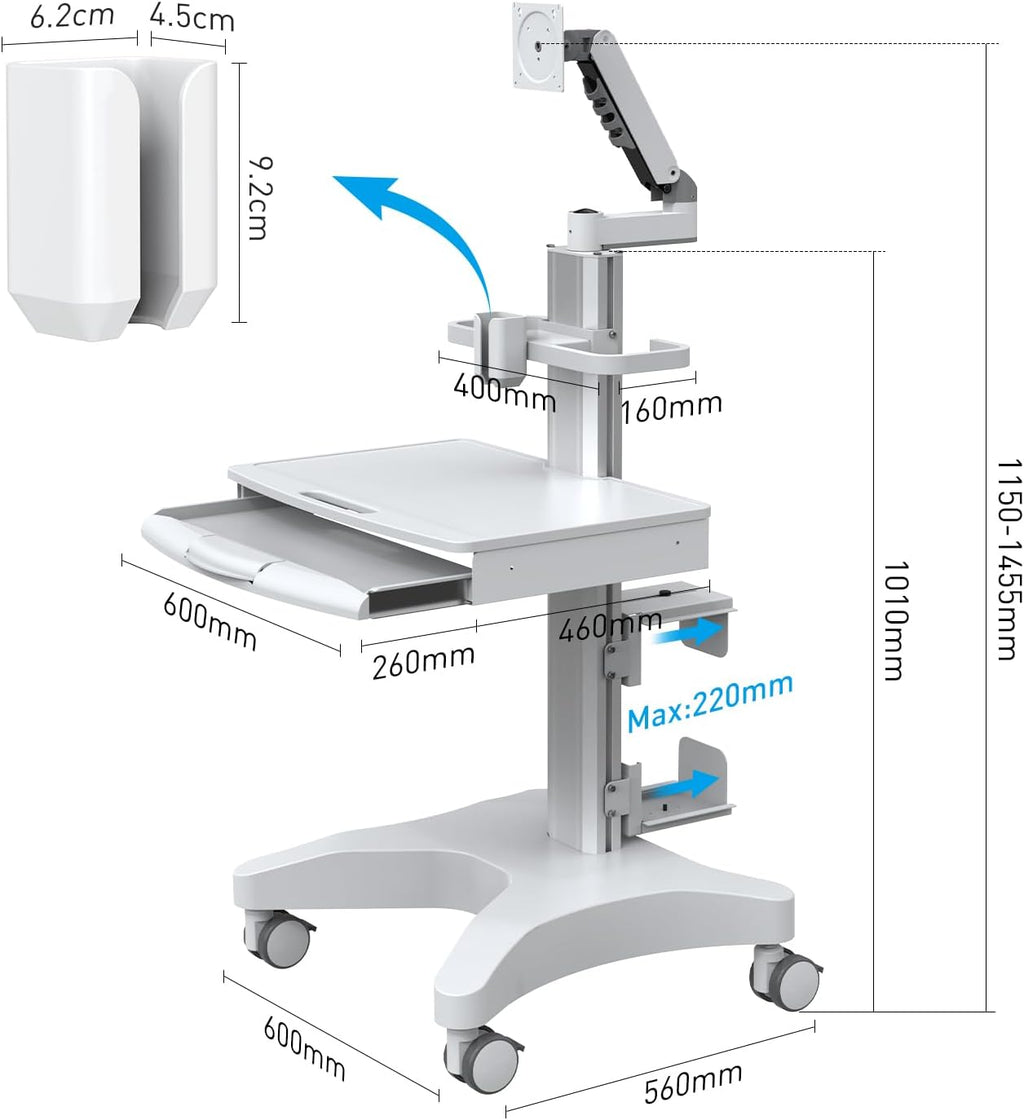 BEWISER Trolley Cart with Monitor Mount & Telescopic Keyboard Tray & Oral Scanner Holder Height Adjustable Mobile Workstation for Office, Lab & Beauty Salons,Factories