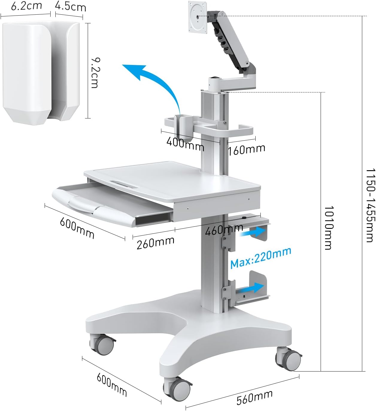BEWISER Trolley Cart with Monitor Mount & Telescopic Keyboard Tray & Oral Scanner Holder Height Adjustable Mobile Workstation for Office, Lab & Beauty Salons,Factories
