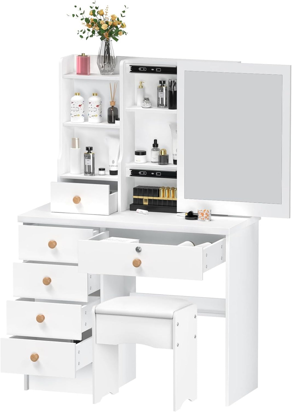 Vanity Desk with Mirror, Teen Girls White Makeup Vanity Table, Dresser with mirror, Bedroom Vanity Set with 6 Spacious Drawers ,Shelves Dressing Desk for Bedroom Dressing Room, Vanity Benches (White)