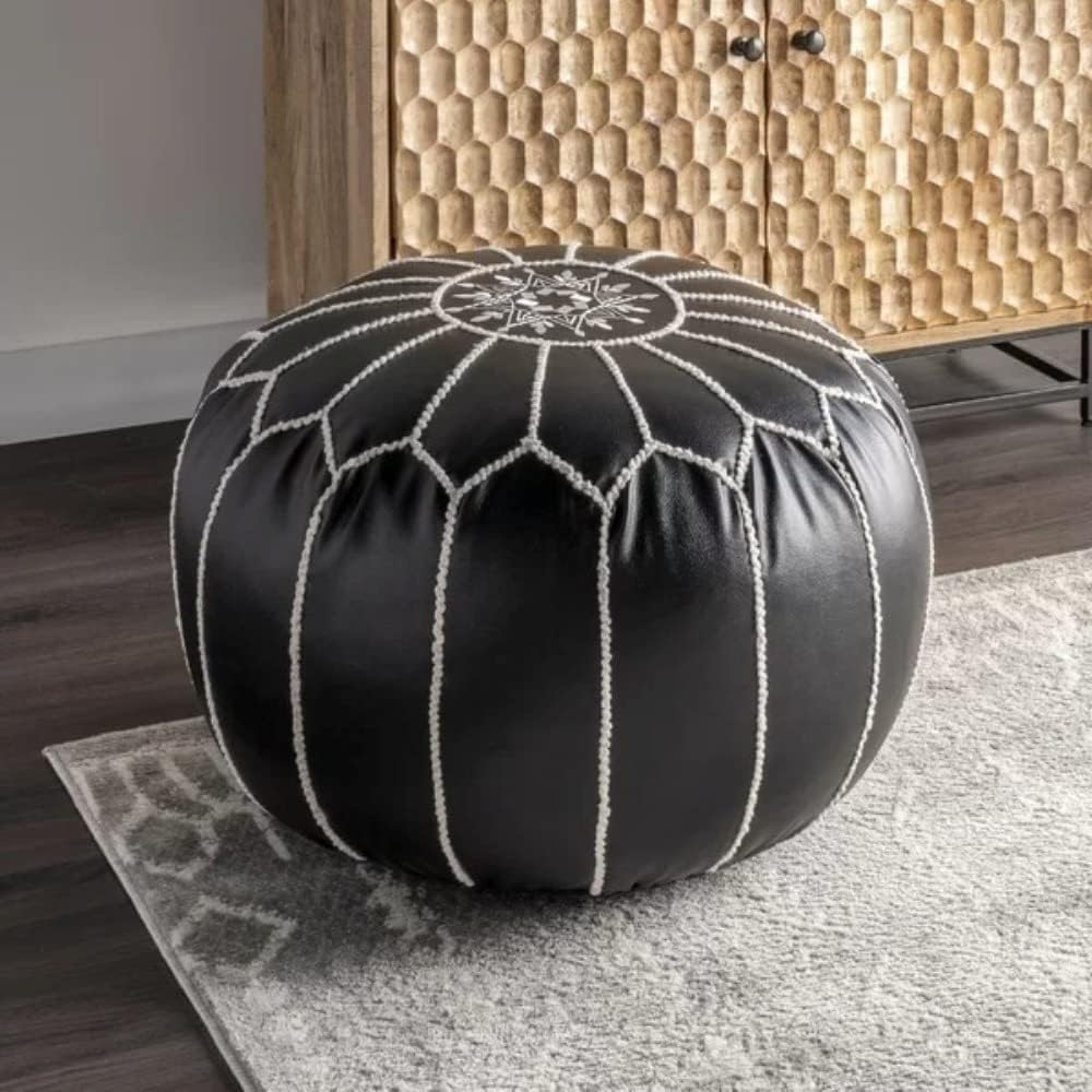 Classy Black Faux Leather Round Pouf Ottoman 20'' | Stylish Tufted Footrest Vanity Stool Glamorous Touch Luxe Look, | Bench Fluffy Dorm Patio Perfect for Living Room, Bedroom, Lounge Cushioned