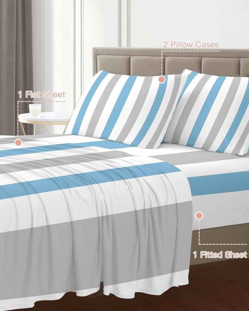 Blue Grey Striped King Sheet Set 4 Piece Bedding - Geometric Vertical Stripes Minimalist Breathable Comfy Cooling Bed Sheets & Pillowcase Sets,Hotel Luxury Flat Sheets Deep Pockets Fitted Sheet