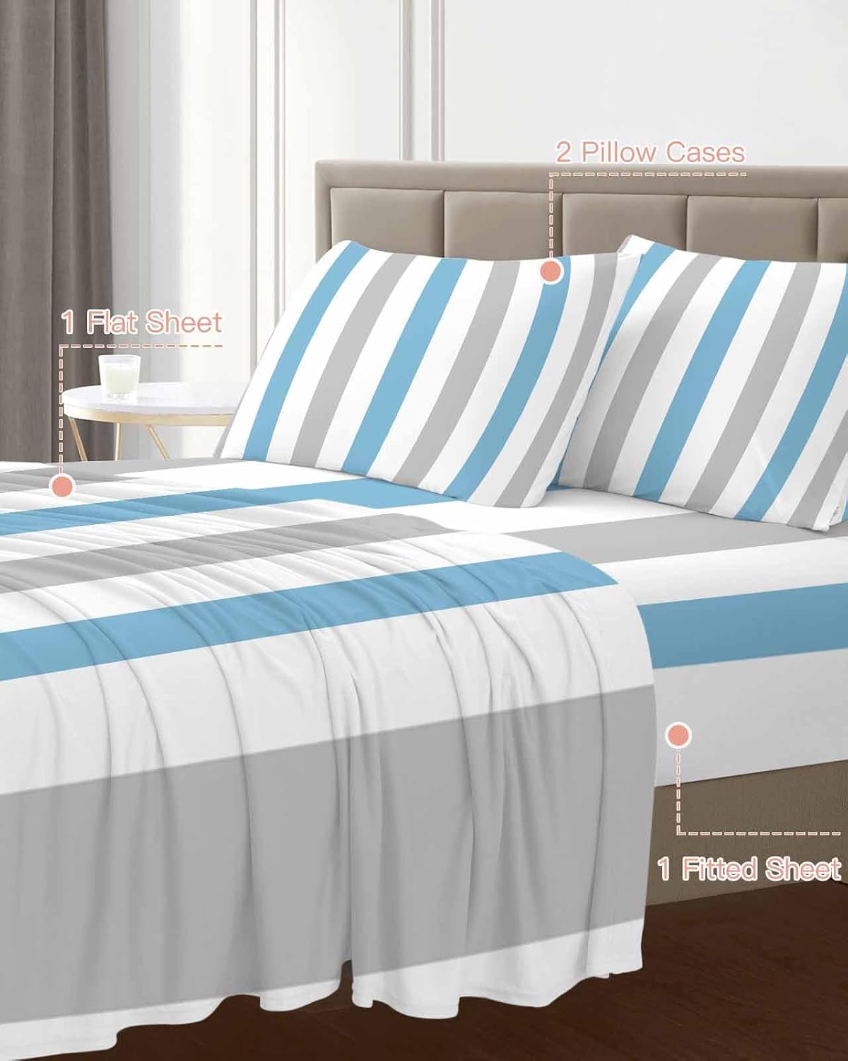 Blue Grey Striped King Sheet Set 4 Piece Bedding - Geometric Vertical Stripes Minimalist Breathable Comfy Cooling Bed Sheets & Pillowcase Sets,Hotel Luxury Flat Sheets Deep Pockets Fitted Sheet