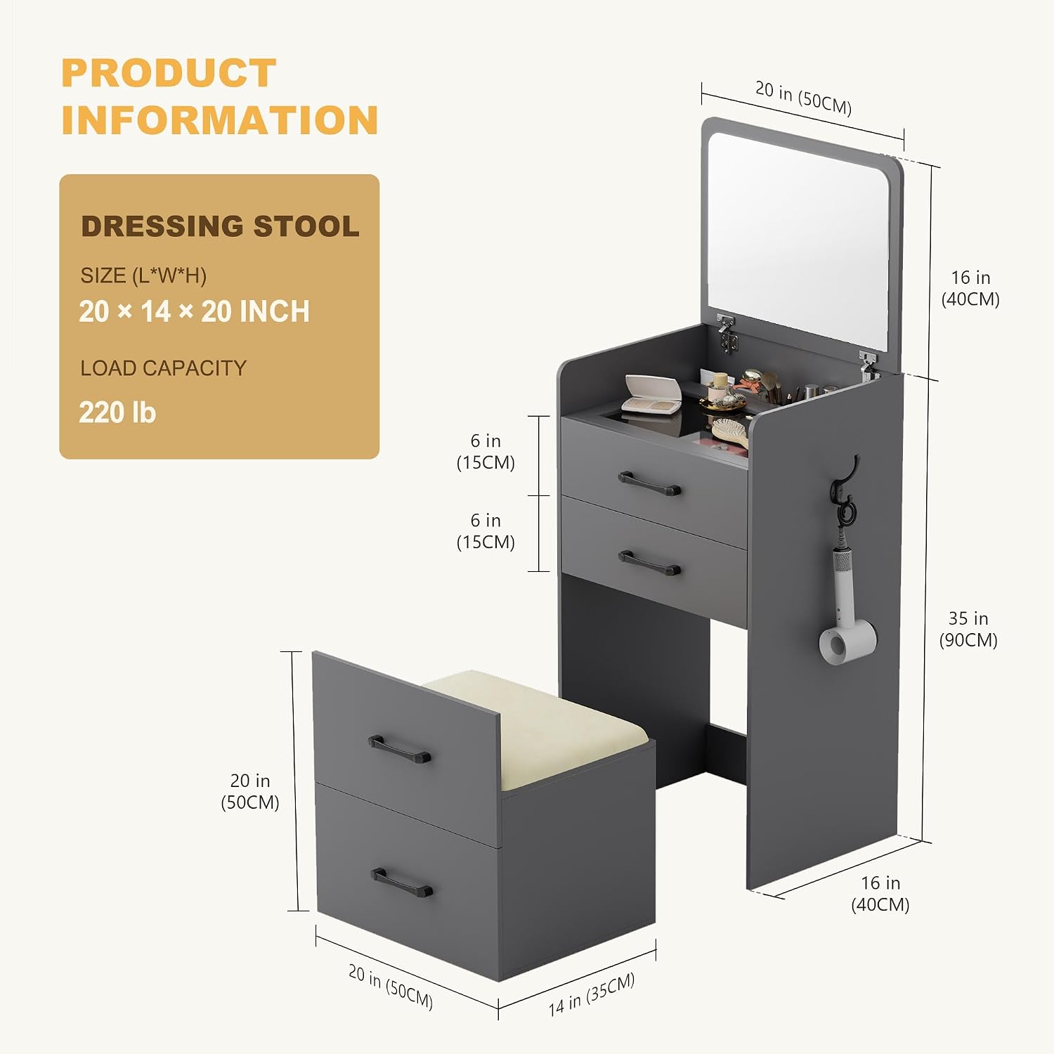 Lvifur Small 3-in-1 Vanity Desk with Mirror, Compact Makeup Table w/Cushioned Stool, Modern Grils' Dressing Table Vanity Set for Apartment, Loft, Dormitory (Grey)