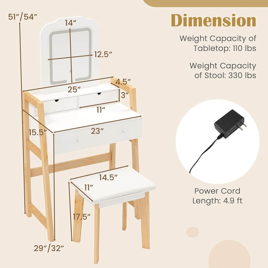 CHARMAID Small Vanity Desk with Mirror and Lights, White Makeup Vanity Desk with 3 Drawers, Adjustable Heights, 3 Color Lighting Modes, Compact Bedroom Dressing Table with Stool for Small Space